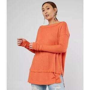 Free People North Shore Waffle Knit Thermal Tunic Top Size XS Coral Orange